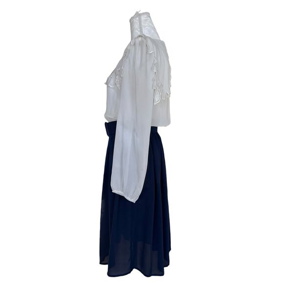 Vintage 80s White Blue Sheer Belted Dress Womens Sz Small Lace Collar Coquette - Picture 15 of 16
